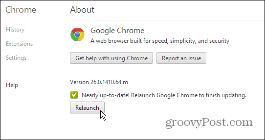 Page À propos de Google Chrome - Mettre à jour et relancer