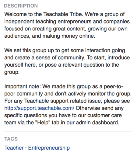 Dans la description du groupe Facebook, Teachable déclare directement que son groupe Facebook consiste à créer une communauté.
