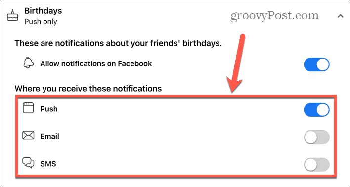 Facebook sélectionner les types de notifications