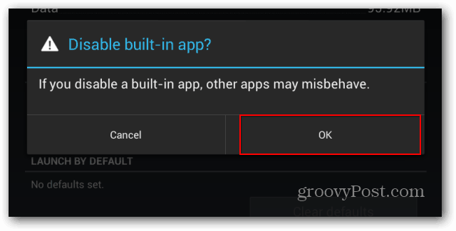 Confirmer la désactivation de l'application par défaut Nexus 7
