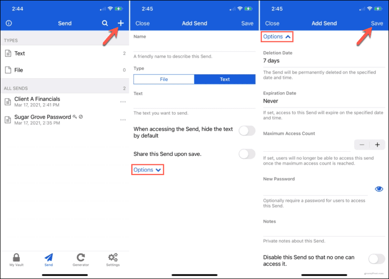 Compléter les nouveaux détails d'envoi dans Bitwarden sur iPhone