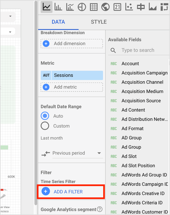 Dans le panneau des propriétés du composant, cliquez sur l'option Ajouter un filtre dans l'onglet Données.