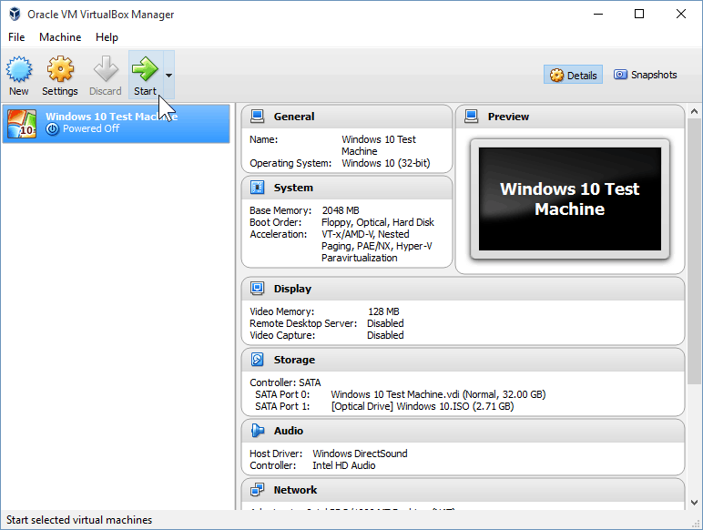 12 Démarrez la machine virtuelle (installation de Windows 10)