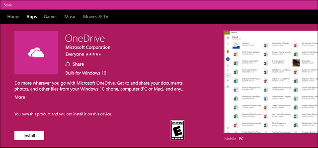 Fenêtres de l'application OneDrive 10