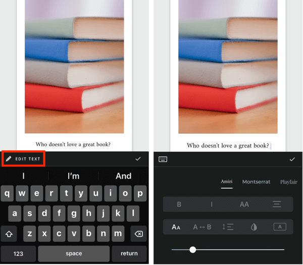Créez une histoire Instagram dépliée à l'étape 5 montrant les options de modification de texte.