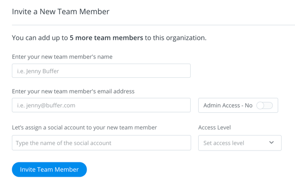 Remplissez les détails de l'invitation de la personne que vous souhaitez ajouter à votre équipe Buffer.