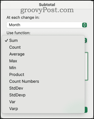 Différentes fonctions disponibles dans la boîte de dialogue Sous-total dans Excel