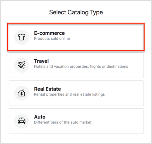 Sélectionnez les options de type de catalogue dans Facebook Catalog Manager