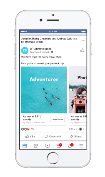Facebook a déployé un nouveau type d'annonce dymanique pour les voyages appelé, examen de voyage.