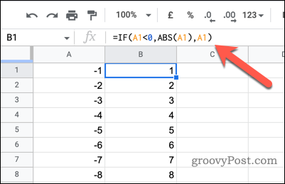 Utilisation d'une instruction IF pour transformer des nombres négatifs en positifs dans Google Sheets