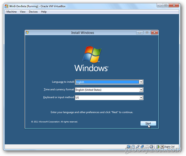 Menu d'installation de VirtualBox Windows 8