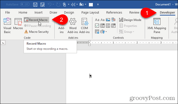 Cliquez sur Enregistrer la macro sous l'onglet Développeur dans Word