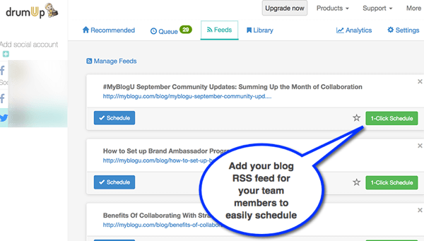 DrumUp vous permet d'importer le flux RSS de votre blog d'entreprise et facilite le partage de contenu pour les employés.