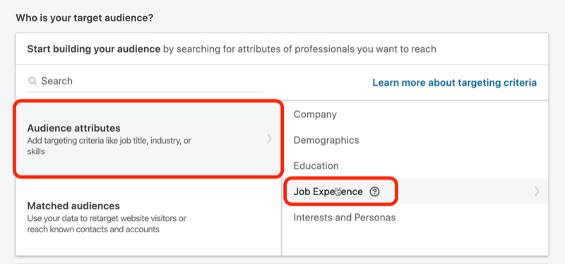 capture d'écran de Qui est votre public? section dans la configuration de la campagne LinkedIn