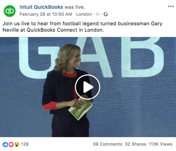 Exemple de publication Facebook annonçant une prochaine vidéo en direct d'Intuit Quickooks.