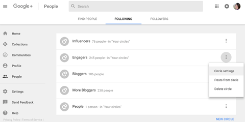 nouvel accès aux paramètres du cercle google plus