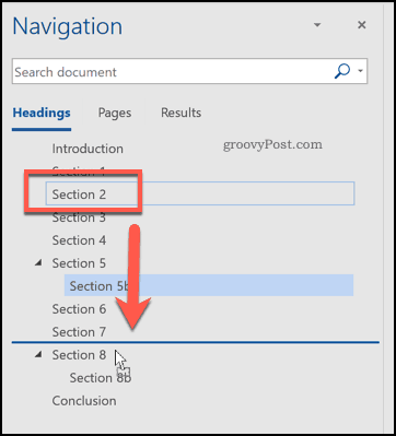 Réorganiser les en-têtes à l'aide du volet de navigation dans Word