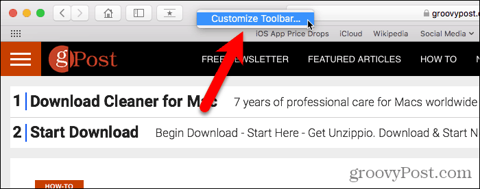 Sélectionnez Personnaliser la barre d'outils dans Safari pour Mac