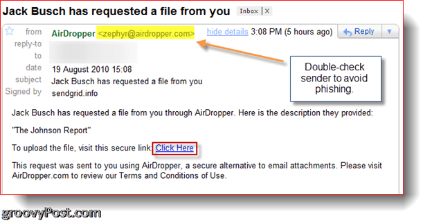 AirDropper Dropbox - E-mail demandant le fichier