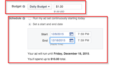 budget et durée de l'annonce facebook