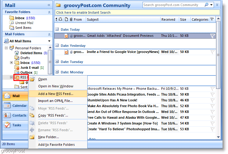 Capture d'écran Microsoft Outlook 2007 Ajouter un nouveau flux RSS