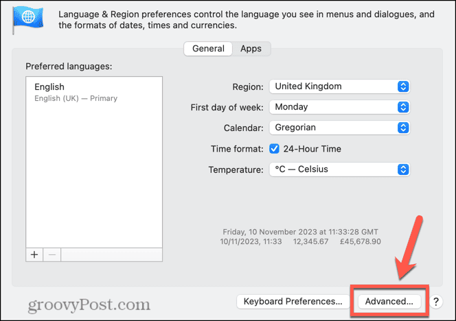 Paramètres avancés de langue et de région Mac