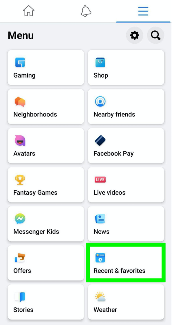 image du menu Facebook montrant l'option Récents et Favoris