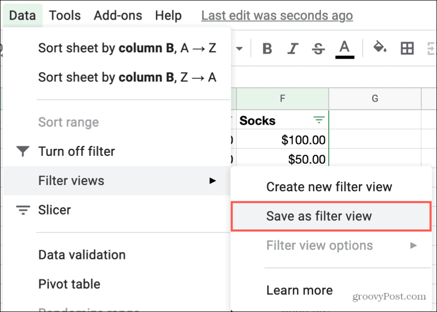 Enregistrer comme vue de filtre dans Google Sheets