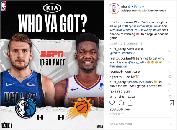 La NBA s'est associée au sponsor Kia Motors pour offrir des billets de match en début de saison sur Instagram.