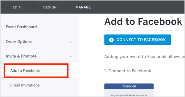 Dans l'onglet Gérer Eventbrite, cliquez sur Inviter et promouvoir et sélectionnez Ajouter à Facebook dans le menu déroulant.