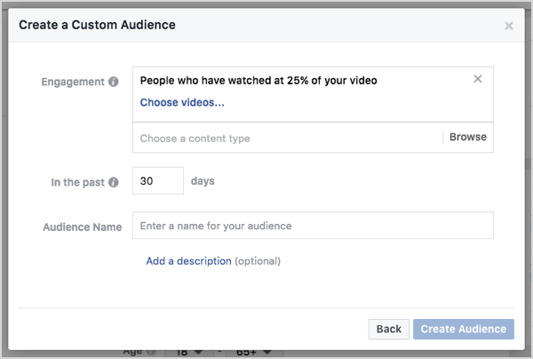 Audience personnalisée Facebook basée sur les vues de la vidéo en 30 jours.