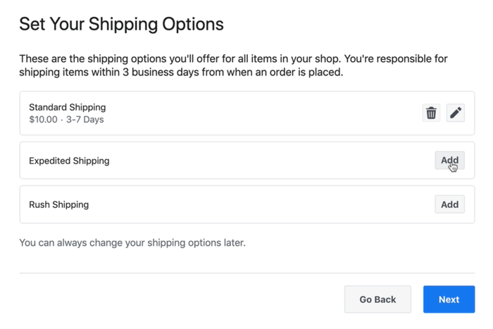 exemple de capture d'écran des options d'expédition de la boutique Facebook qui pourraient être disponibles