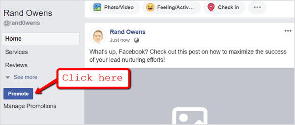 Rendez-vous sur votre page Facebook et cliquez sur le bouton Promouvoir sous les onglets de navigation.