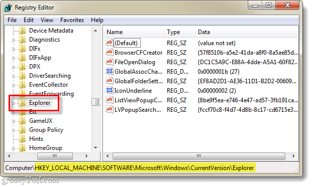 trouver la clé de registre relative à la version actuelle de l'explorateur dans le registre Windows 7