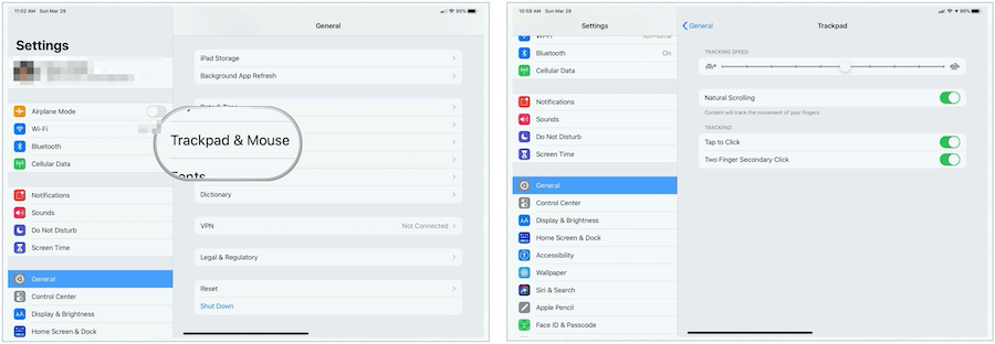 Paramètres du trackpad iPad