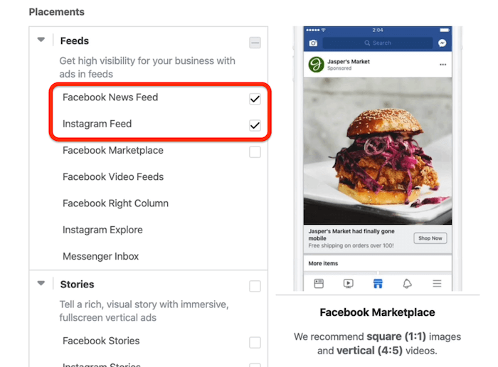 Emplacements Facebook News Feed et Instagram Feed sélectionnés au niveau de l'ensemble d'annonces dans Facebook Ads Manager