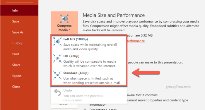 Options de compression des médias dans PowerPoint