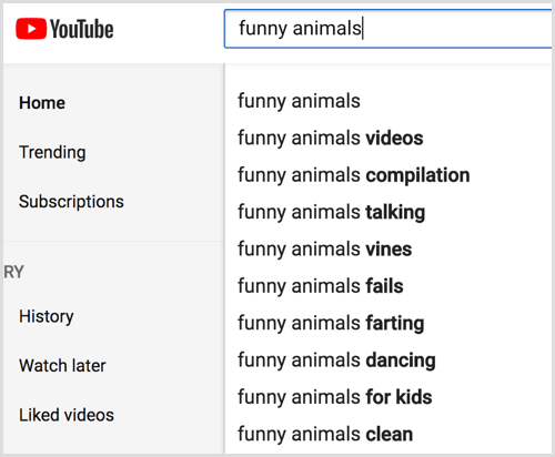 Regardez les suggestions automatiques de recherche YouTube pour votre mot clé.