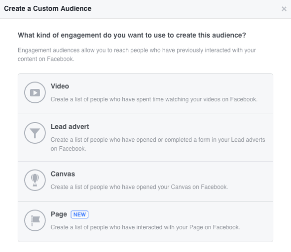 Facebook vous permet de créer quatre audiences personnalisées basées sur l'engagement.