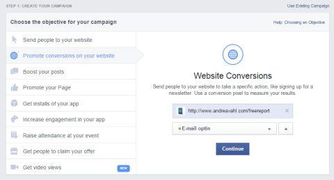 options de conversion de site Web Facebook