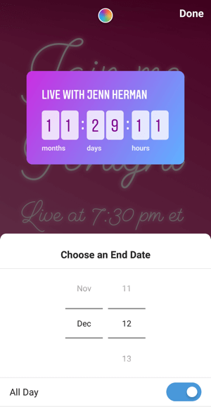 Comment utiliser l'autocollant Instagram Countdown pour les entreprises, étape 3 date de fin du compte à rebours.