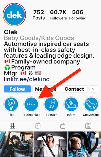 Instagram Stories met en évidence l'album pour des témoignages sur le profil d'entreprise de Clek