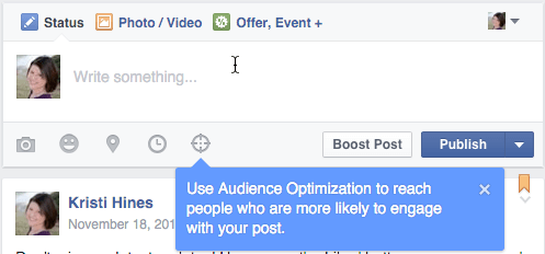 optimisation de l'audience facebook pour la boîte de mise à jour des publications