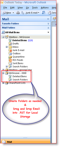 Boîte de réception Outlook 2007 affichant le fichier de données personnelles .PST dans le volet de navigation:: groovyPost.com
