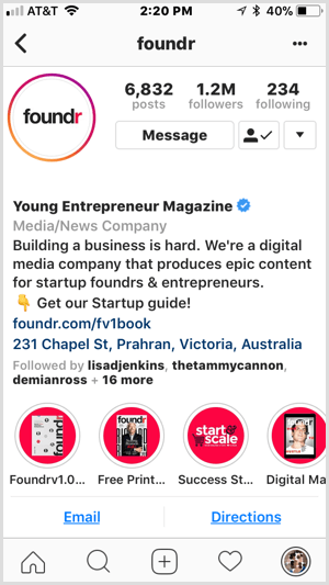 Faits saillants de la marque Instagram sur le profil Foundr.