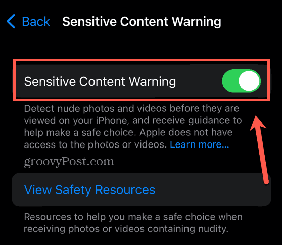 avertissement de contenu sensible iOS activé