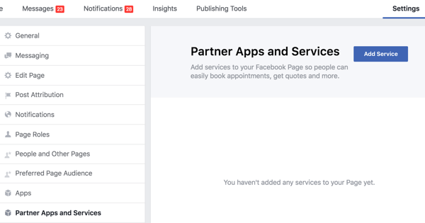 Cliquez sur Applications et services partenaires dans les paramètres de votre page Facebook.