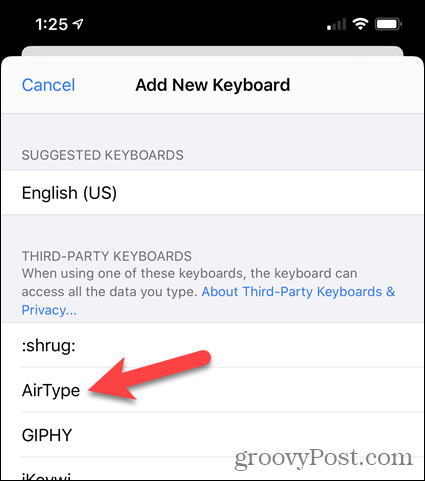 Appuyez sur AirType dans la liste des claviers tiers dans les paramètres de l'iPhone