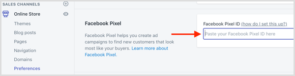 Collez votre identifiant de pixel Facebook dans Shopify.