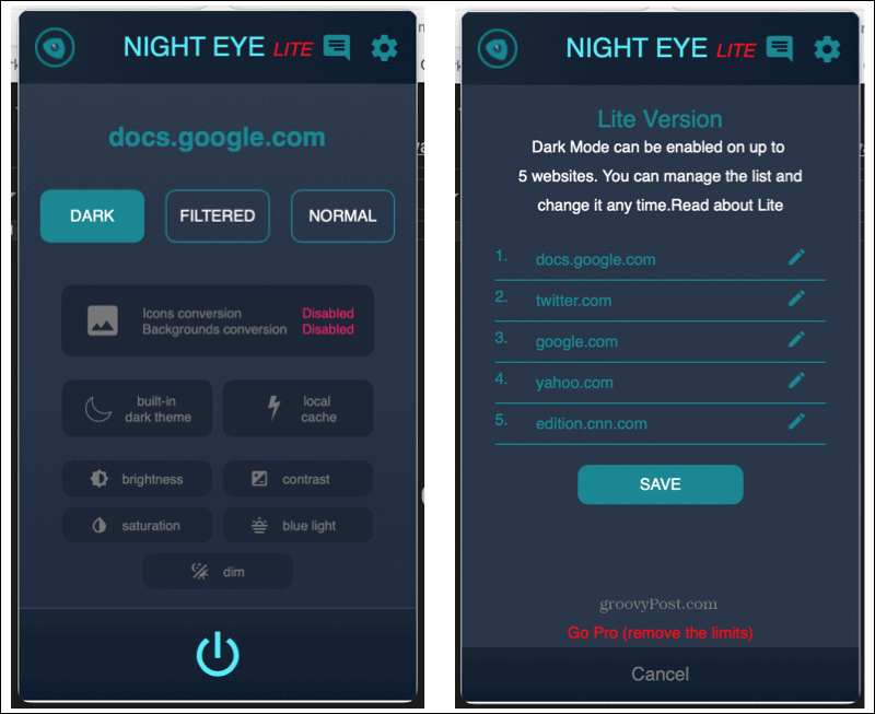 Extension Night Eye dans Safari